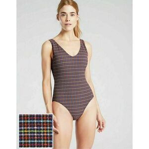 Athleta SEERSUCKER V-NECK ONE PIECE swimsuit size XS Purple Blue